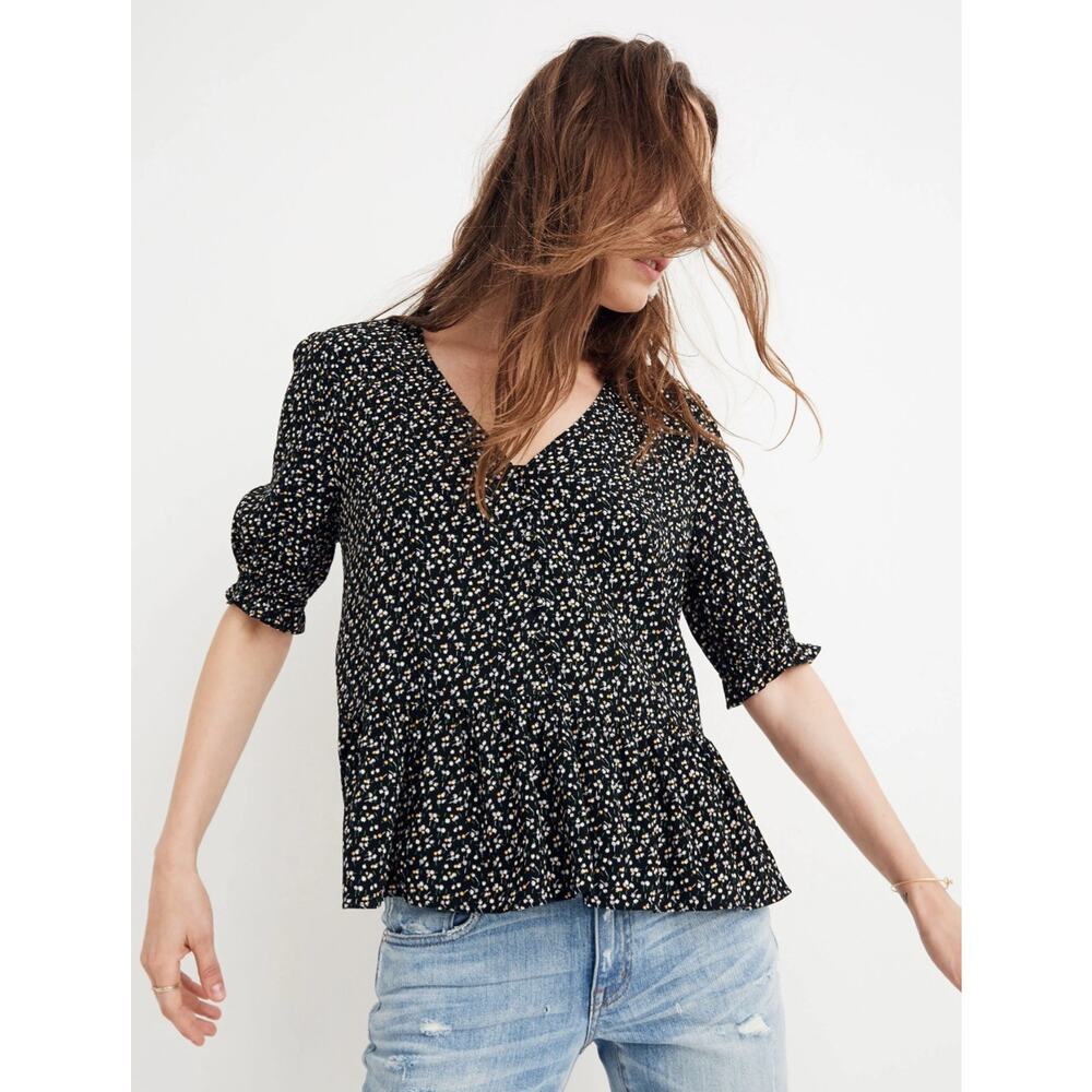 Madewell Women's Peplum Top Courtyard Ruffle-Hem Floral Puffed Sleeves Sz Medium